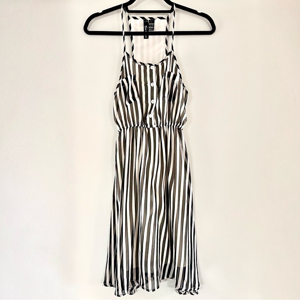 Fun & Flirt Y2K Sheer Striped Halter Midi Dress Black White